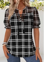 Black Tummy Coverage Plaid Short Sleeve Split Neck Blouse