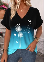 Blue Ombre Short Sleeve V Neck T Shirt