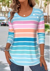 Light Blue Tummy Coverage Striped Long Sleeve T Shirt