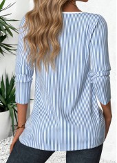 Blue Tuck Stitch Striped Long Sleeve Split Neck Blouse | thumb picture 