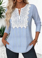 Blue Tuck Stitch Striped Long Sleeve Split Neck Blouse | thumb picture 