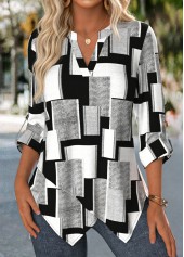 Black Handkerchief Hem Geometric Print 3/4 Sleeve Blouse