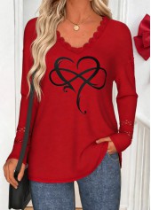 Red Curved Hem Valentine's Day Print T Shirt