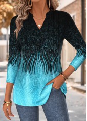 Cyan Curved Hem Ombre Long Sleeve Split Neck Blouse