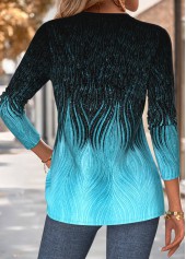 Cyan Curved Hem Ombre Long Sleeve Split Neck Blouse | thumb picture 