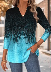 Cyan Curved Hem Ombre Long Sleeve Split Neck Blouse | thumb picture 