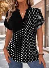 Black Tummy Coverage Polka Dot Short Sleeve Blouse