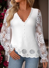 White Patchwork Long Sleeve V Neck Blouse