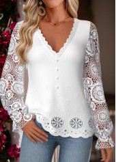 White Patchwork Long Sleeve V Neck Blouse | thumb picture 