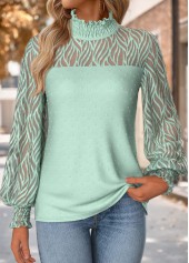 Green Patchwork Long Sleeve Round Neck T Shirt