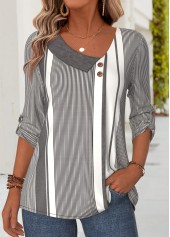 Dark Grey Tummy Coverage Striped 3/4 Sleeve Blouse