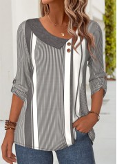 Dark Grey Tummy Coverage Striped 3/4 Sleeve Blouse | thumb picture 