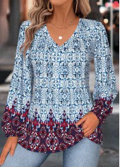 Dusty Blue Tummy Coverage Tribal Print Long Sleeve Blouse