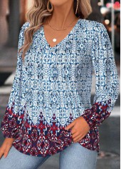 Dusty Blue Tummy Coverage Tribal Print Long Sleeve Blouse | thumb picture 
