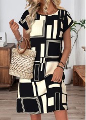 Black Tummy Coverage Geometric Print Short Round Neck Dress