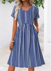 Blue Tummy Coverage Tribal Print Short Sleeve Dress