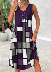 Dark Purple Tummy Coverage Geometric Print Sleeveless Dress