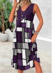 Dark Purple Tummy Coverage Geometric Print Sleeveless Dress | thumb picture 