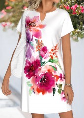 White Tummy Coverage Floral Print Short Split Neck Dress