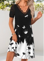 Black Tummy Coverage Floral Print Short V Neck Dress