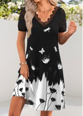 Black Tummy Coverage Floral Print Short V Neck Dress | thumb picture 