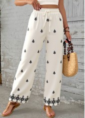 Beige Soft Tribal Print Wide Leg Elastic Waist Pants