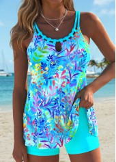 Tummy Coverage Mid Waisted Tropical Plants Print Tankini Set