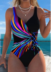 Tummy Coverage Dazzle Colorful Print Black One Piece Swimwear