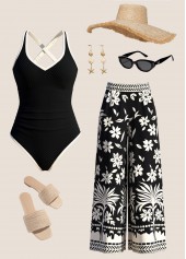 Tummy Control Floral Print Black One Piece Swimwear