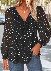 Black Tummy Coverage Polka Dot Long Sleeve Blouse