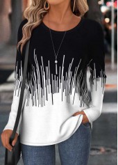Black Tummy Coverage Geometric Print Long Sleeve T Shirt