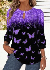 Purple Tummy Coverage Animal Print 3/4 Sleeve Blouse