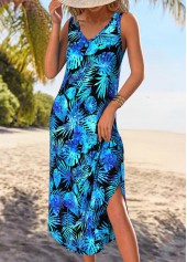 Blue Tummy Coverage Leaf Print A Line Sleeveless Dress | thumb picture 