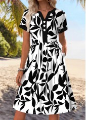 White Tummy Coverage Leaf Print Short Sleeve Dress
