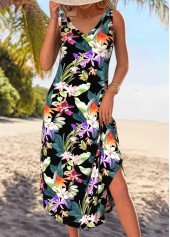 Black Tummy Coverage Floral Print A Line Sleeveless Dress