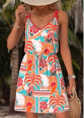Multi Color Tummy Coverage Tropical Plants Print Short Dress