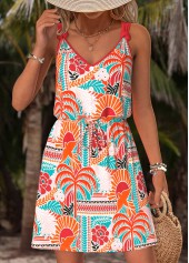 Multi Color Tummy Coverage Tropical Plants Print Short Dress | thumb picture 