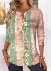 Multi Color Button Random Floral Print Long Sleeve Blouse