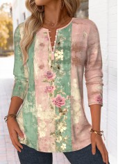 Multi Color Button Random Floral Print Long Sleeve Blouse | thumb picture 