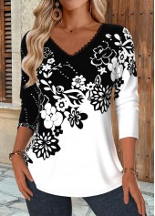 Black Patchwork Floral Print Long Sleeve T Shirt