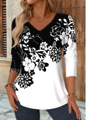 Black Patchwork Floral Print Long Sleeve T Shirt | thumb picture 