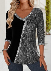 Black Patchwork Long Sleeve V Neck T Shirt