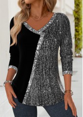 Black Patchwork Long Sleeve V Neck T Shirt | thumb picture 