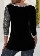 Black Patchwork Long Sleeve V Neck T Shirt | thumb picture 