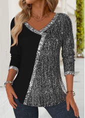 Black Patchwork Long Sleeve V Neck T Shirt