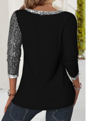 Black Patchwork Long Sleeve V Neck T Shirt | thumb picture 