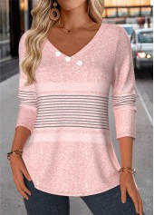 Light Pink Patchwork Striped Long Sleeve T Shirt