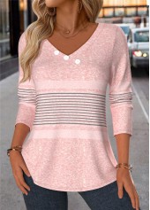 Light Pink Patchwork Striped Long Sleeve T Shirt | thumb picture 