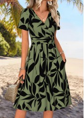 Sage Green Tummy Coverage Leaf Print Short Sleeve Dress | thumb picture 