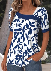 Navy Tummy Coverage Leaf Print Short Sleeve T Shirt | thumb picture 